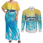 Personalized Gold Coast Titans Couples Matching Off Shoulder Maxi Dress and Long Sleeve Button Shirt Y2K Grunge Aesthetic With Cyber Flames and Starburst Graphics