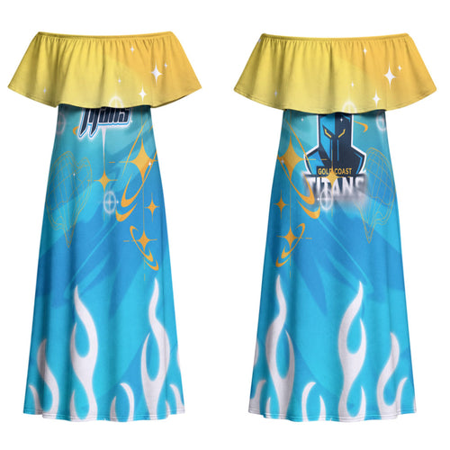 Personalized Gold Coast Titans Couples Matching Off Shoulder Maxi Dress and Long Sleeve Button Shirt Y2K Grunge Aesthetic With Cyber Flames and Starburst Graphics