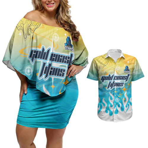 Personalized Gold Coast Titans Couples Matching Off Shoulder Short Dress and Hawaiian Shirt Y2K Grunge Aesthetic With Cyber Flames and Starburst Graphics