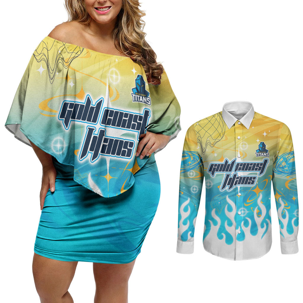 Personalized Gold Coast Titans Couples Matching Off Shoulder Short Dress and Long Sleeve Button Shirt Y2K Grunge Aesthetic With Cyber Flames and Starburst Graphics