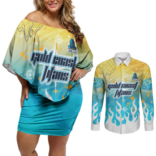 Personalized Gold Coast Titans Couples Matching Off Shoulder Short Dress and Long Sleeve Button Shirt Y2K Grunge Aesthetic With Cyber Flames and Starburst Graphics
