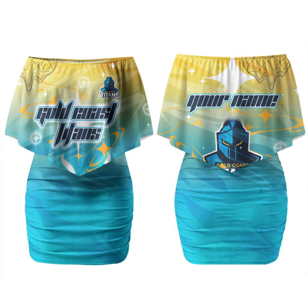 Personalized Gold Coast Titans Couples Matching Off Shoulder Short Dress and Long Sleeve Button Shirt Y2K Grunge Aesthetic With Cyber Flames and Starburst Graphics