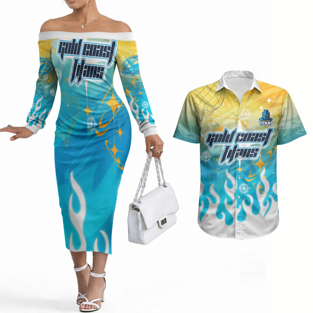 Personalized Gold Coast Titans Couples Matching Off The Shoulder Long Sleeve Dress and Hawaiian Shirt Y2K Grunge Aesthetic With Cyber Flames and Starburst Graphics