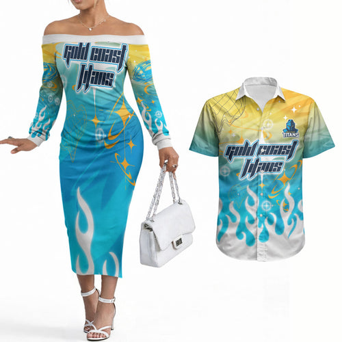 Personalized Gold Coast Titans Couples Matching Off The Shoulder Long Sleeve Dress and Hawaiian Shirt Y2K Grunge Aesthetic With Cyber Flames and Starburst Graphics