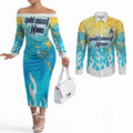 Personalized Gold Coast Titans Couples Matching Off The Shoulder Long Sleeve Dress and Long Sleeve Button Shirt Y2K Grunge Aesthetic With Cyber Flames and Starburst Graphics
