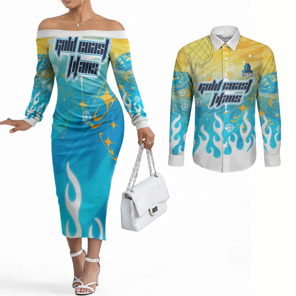 Personalized Gold Coast Titans Couples Matching Off The Shoulder Long Sleeve Dress and Long Sleeve Button Shirt Y2K Grunge Aesthetic With Cyber Flames and Starburst Graphics