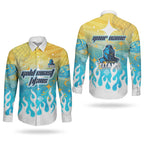 Personalized Gold Coast Titans Couples Matching Off The Shoulder Long Sleeve Dress and Long Sleeve Button Shirt Y2K Grunge Aesthetic With Cyber Flames and Starburst Graphics