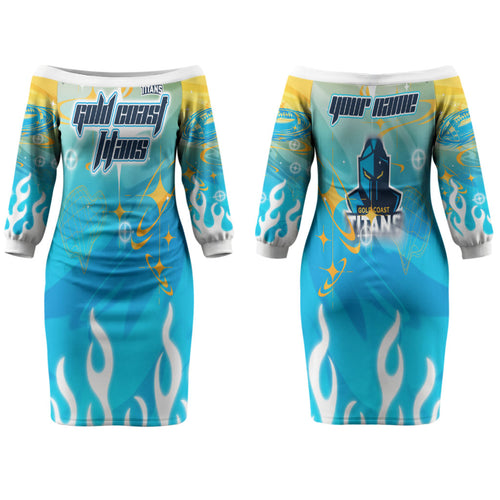 Personalized Gold Coast Titans Couples Matching Off The Shoulder Long Sleeve Dress and Long Sleeve Button Shirt Y2K Grunge Aesthetic With Cyber Flames and Starburst Graphics