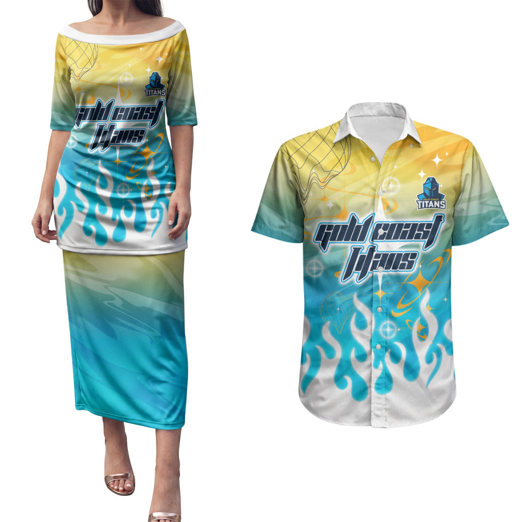 Personalized Gold Coast Titans Couples Matching Puletasi and Hawaiian Shirt Y2K Grunge Aesthetic With Cyber Flames and Starburst Graphics