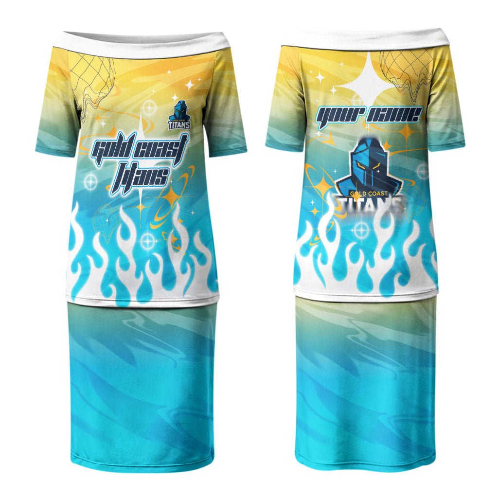 Personalized Gold Coast Titans Couples Matching Puletasi and Hawaiian Shirt Y2K Grunge Aesthetic With Cyber Flames and Starburst Graphics