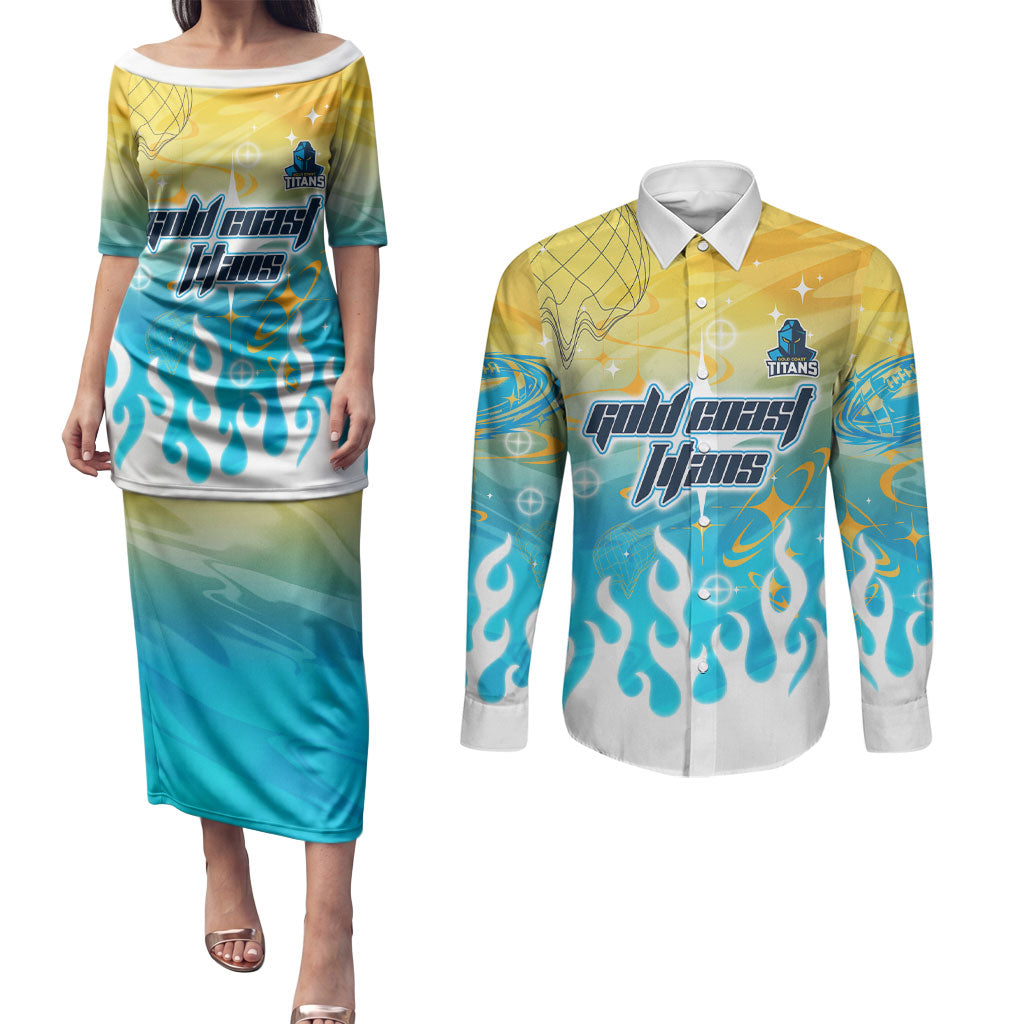 Personalized Gold Coast Titans Couples Matching Puletasi and Long Sleeve Button Shirt Y2K Grunge Aesthetic With Cyber Flames and Starburst Graphics