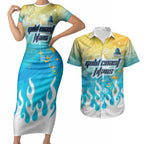 Personalized Gold Coast Titans Couples Matching Short Sleeve Bodycon Dress and Hawaiian Shirt Y2K Grunge Aesthetic With Cyber Flames and Starburst Graphics