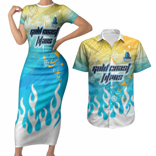 Personalized Gold Coast Titans Couples Matching Short Sleeve Bodycon Dress and Hawaiian Shirt Y2K Grunge Aesthetic With Cyber Flames and Starburst Graphics