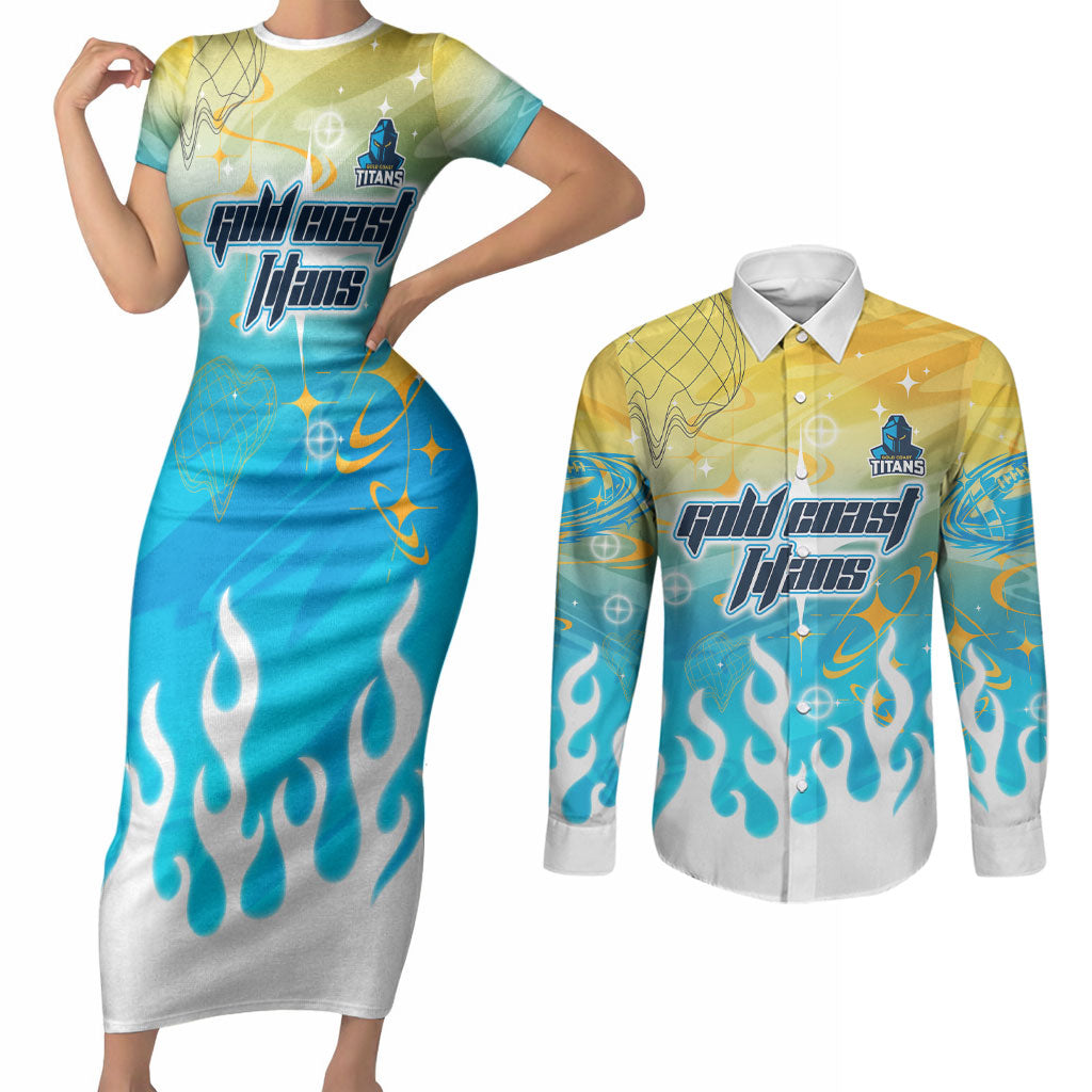 Personalized Gold Coast Titans Couples Matching Short Sleeve Bodycon Dress and Long Sleeve Button Shirt Y2K Grunge Aesthetic With Cyber Flames and Starburst Graphics