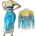Personalized Gold Coast Titans Couples Matching Short Sleeve Bodycon Dress and Long Sleeve Button Shirt Y2K Grunge Aesthetic With Cyber Flames and Starburst Graphics