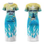 Personalized Gold Coast Titans Couples Matching Short Sleeve Bodycon Dress and Long Sleeve Button Shirt Y2K Grunge Aesthetic With Cyber Flames and Starburst Graphics