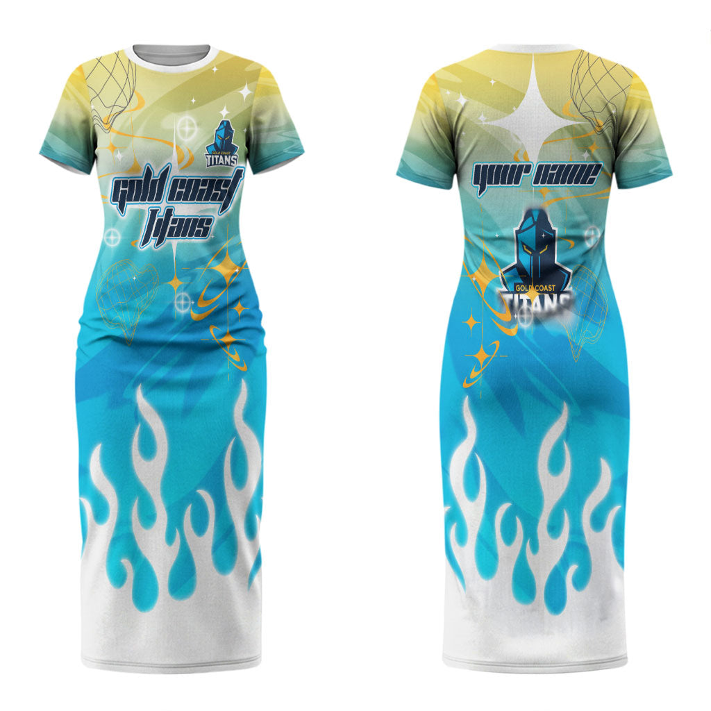 Personalized Gold Coast Titans Couples Matching Short Sleeve Bodycon Dress and Long Sleeve Button Shirt Y2K Grunge Aesthetic With Cyber Flames and Starburst Graphics