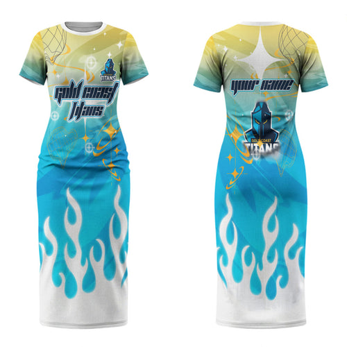 Personalized Gold Coast Titans Couples Matching Short Sleeve Bodycon Dress and Long Sleeve Button Shirt Y2K Grunge Aesthetic With Cyber Flames and Starburst Graphics