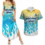 Personalized Gold Coast Titans Couples Matching Summer Maxi Dress and Hawaiian Shirt Y2K Grunge Aesthetic With Cyber Flames and Starburst Graphics