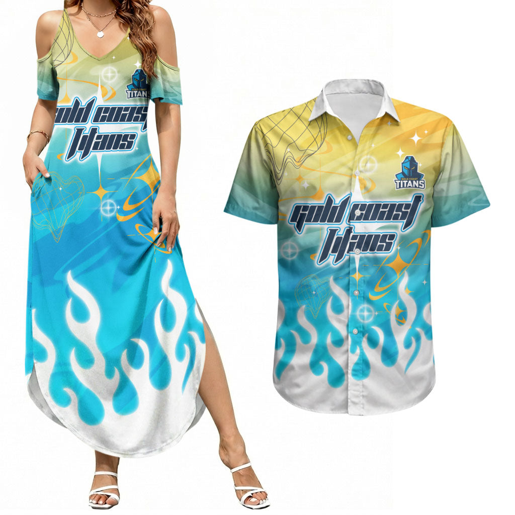 Personalized Gold Coast Titans Couples Matching Summer Maxi Dress and Hawaiian Shirt Y2K Grunge Aesthetic With Cyber Flames and Starburst Graphics