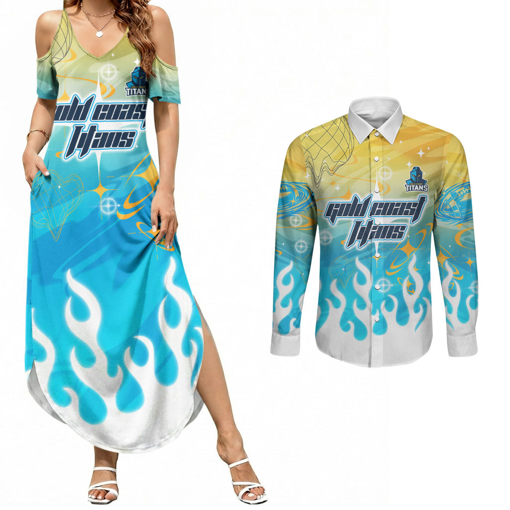 Personalized Gold Coast Titans Couples Matching Summer Maxi Dress and Long Sleeve Button Shirt Y2K Grunge Aesthetic With Cyber Flames and Starburst Graphics
