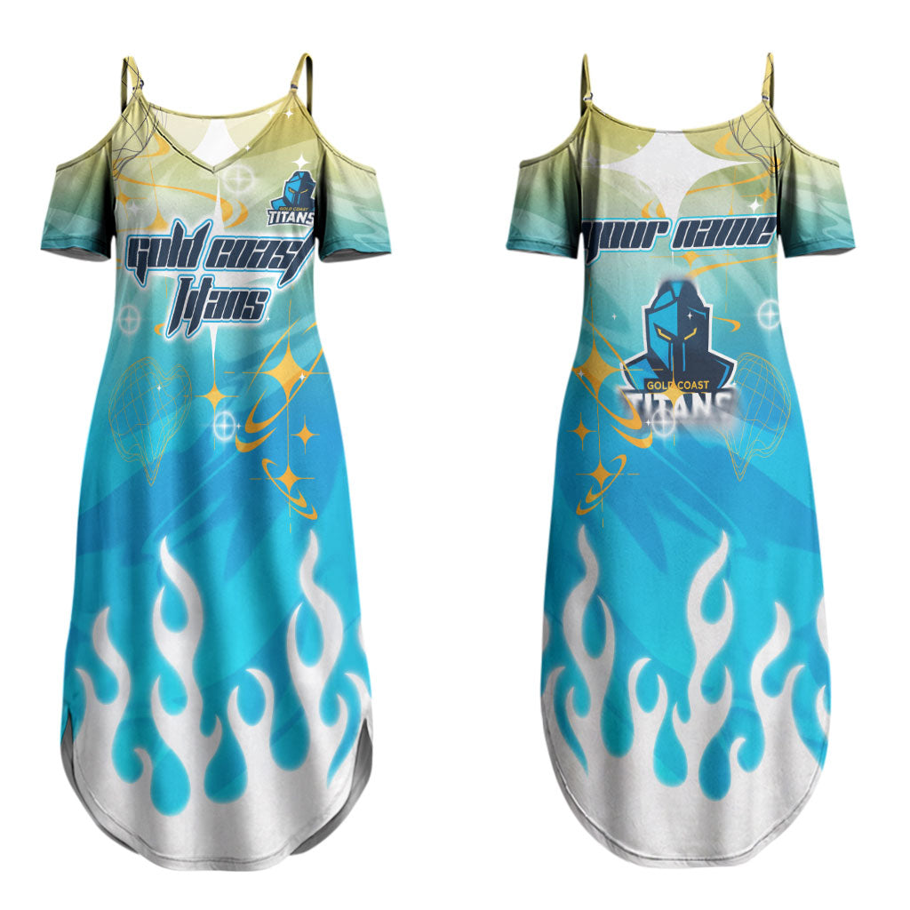 Personalized Gold Coast Titans Couples Matching Summer Maxi Dress and Long Sleeve Button Shirt Y2K Grunge Aesthetic With Cyber Flames and Starburst Graphics