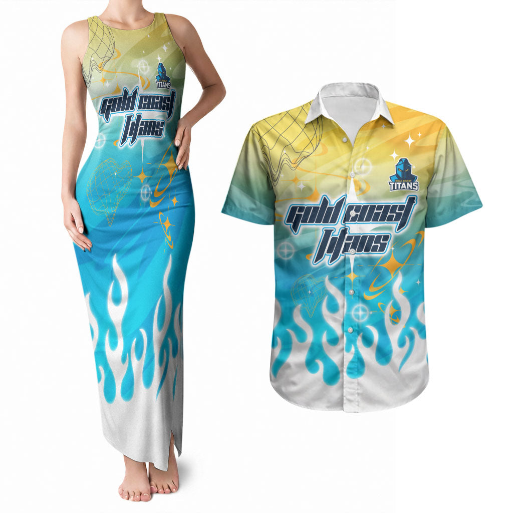 Personalized Gold Coast Titans Couples Matching Tank Maxi Dress and Hawaiian Shirt Y2K Grunge Aesthetic With Cyber Flames and Starburst Graphics