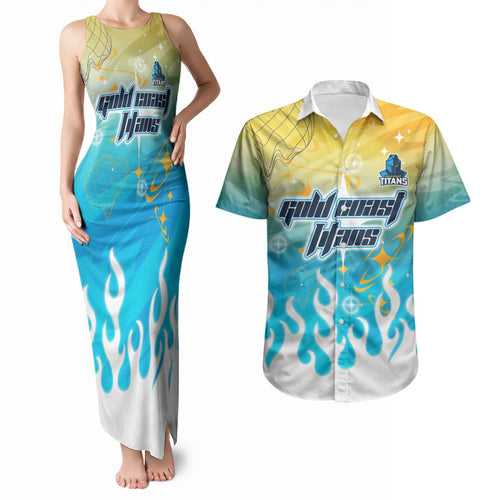Personalized Gold Coast Titans Couples Matching Tank Maxi Dress and Hawaiian Shirt Y2K Grunge Aesthetic With Cyber Flames and Starburst Graphics