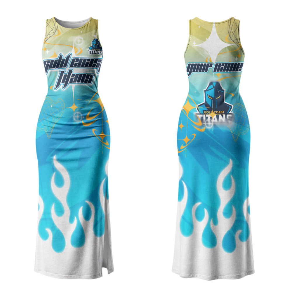 Personalized Gold Coast Titans Couples Matching Tank Maxi Dress and Hawaiian Shirt Y2K Grunge Aesthetic With Cyber Flames and Starburst Graphics