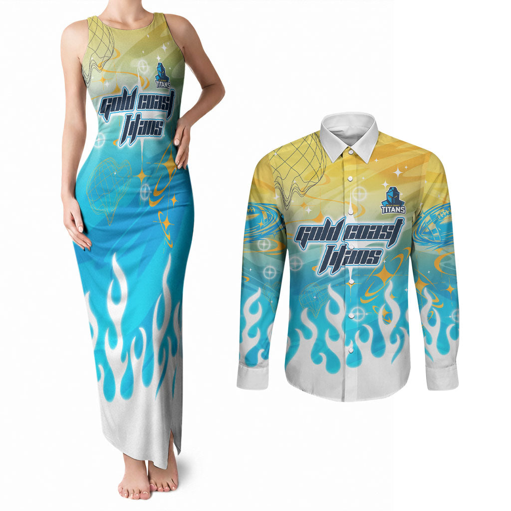 Personalized Gold Coast Titans Couples Matching Tank Maxi Dress and Long Sleeve Button Shirt Y2K Grunge Aesthetic With Cyber Flames and Starburst Graphics
