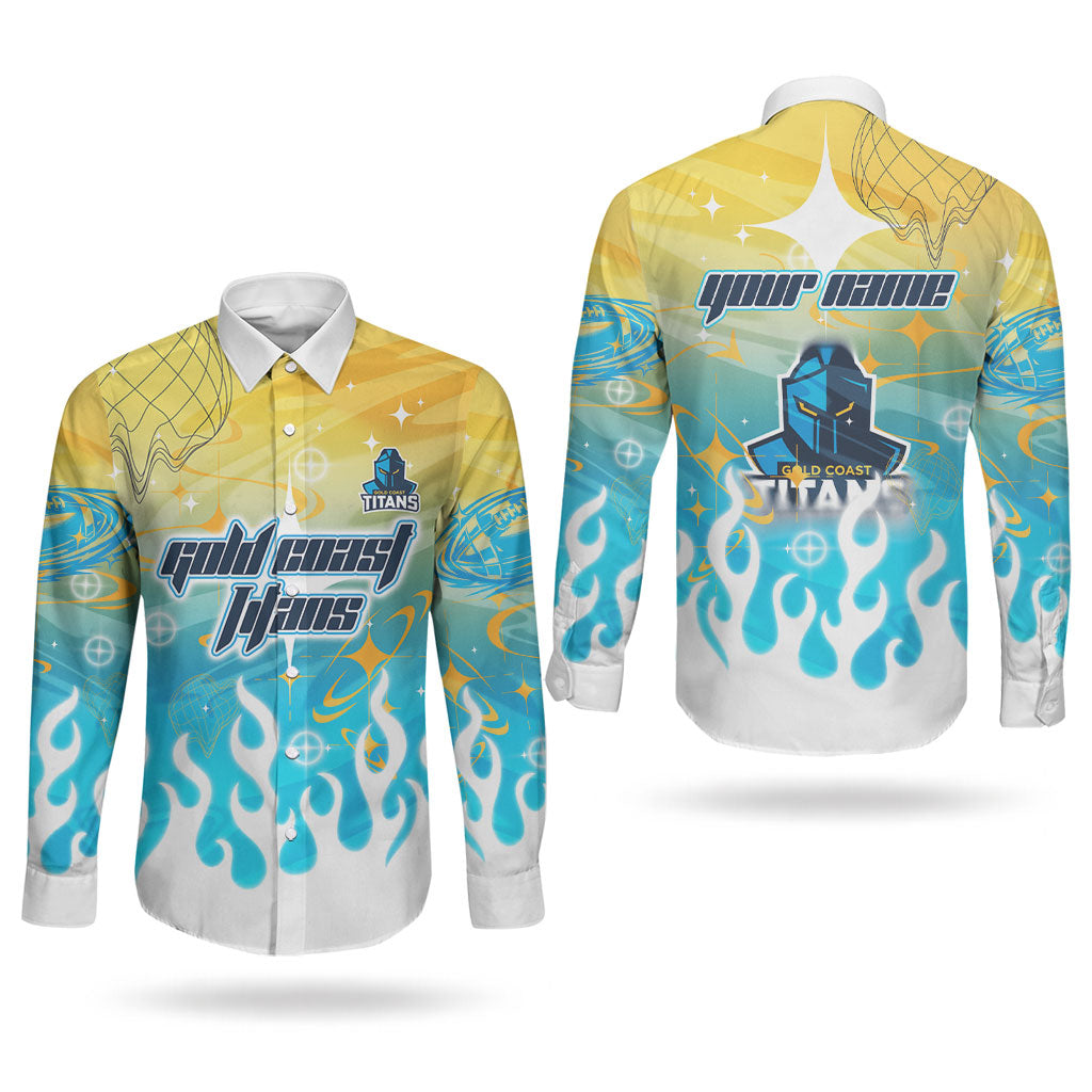 Personalized Gold Coast Titans Couples Matching Tank Maxi Dress and Long Sleeve Button Shirt Y2K Grunge Aesthetic With Cyber Flames and Starburst Graphics