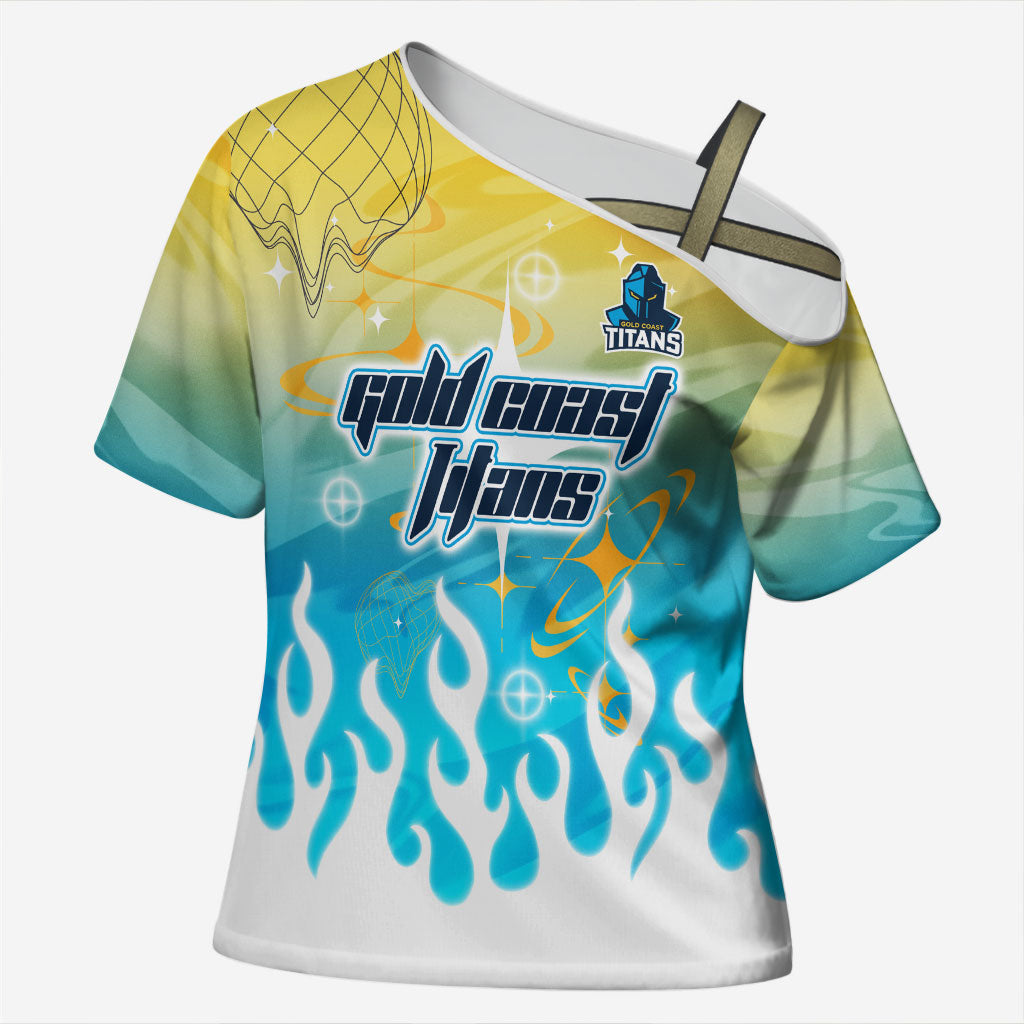 Personalized Gold Coast Titans Cross Shoulder Shirt Y2K Grunge Aesthetic With Cyber Flames and Starburst Graphics