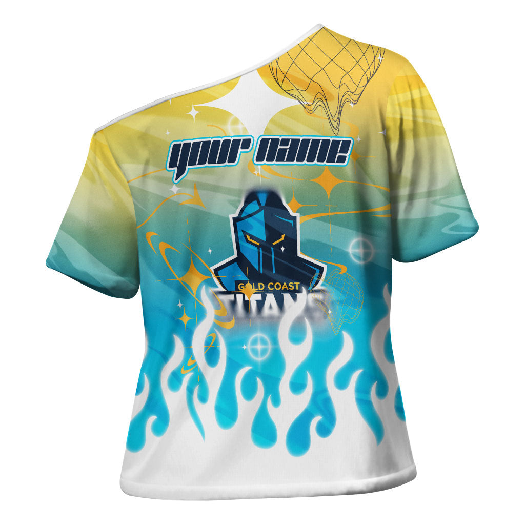 Personalized Gold Coast Titans Cross Shoulder Shirt Y2K Grunge Aesthetic With Cyber Flames and Starburst Graphics