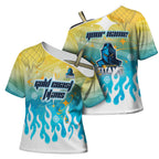 Personalized Gold Coast Titans Cross Shoulder Shirt Y2K Grunge Aesthetic With Cyber Flames and Starburst Graphics