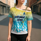 Personalized Gold Coast Titans Cross Shoulder Shirt Y2K Grunge Aesthetic With Cyber Flames and Starburst Graphics
