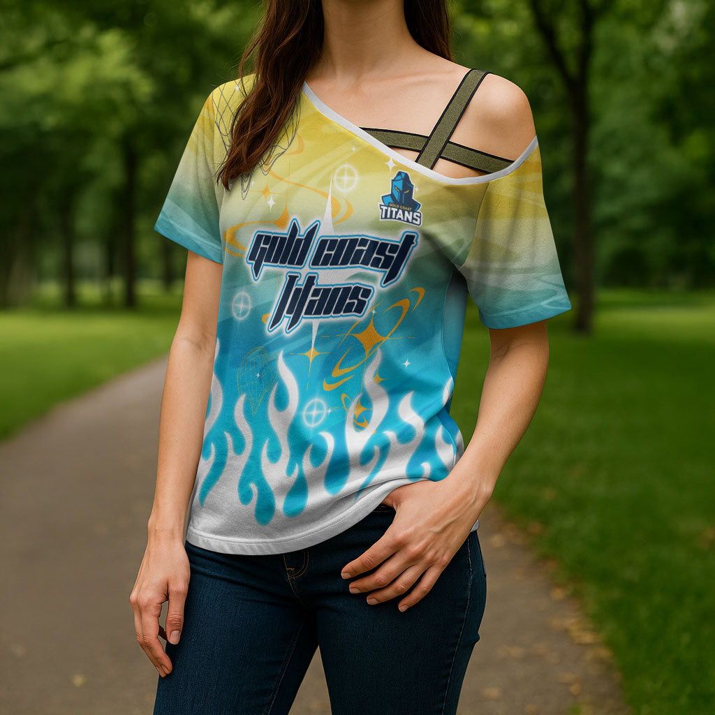 Personalized Gold Coast Titans Cross Shoulder Shirt Y2K Grunge Aesthetic With Cyber Flames and Starburst Graphics
