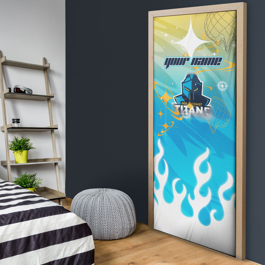 Personalized Gold Coast Titans Door Cover Y2K Grunge Aesthetic With Cyber Flames and Starburst Graphics