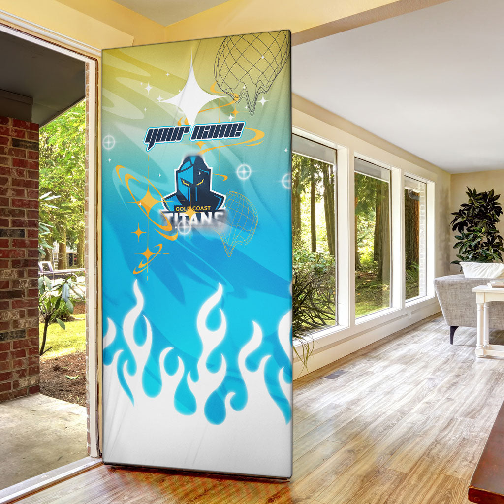 Personalized Gold Coast Titans Door Cover Y2K Grunge Aesthetic With Cyber Flames and Starburst Graphics