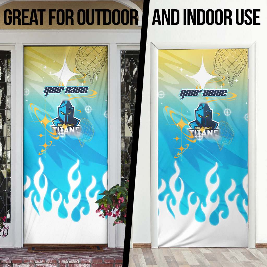 Personalized Gold Coast Titans Door Cover Y2K Grunge Aesthetic With Cyber Flames and Starburst Graphics