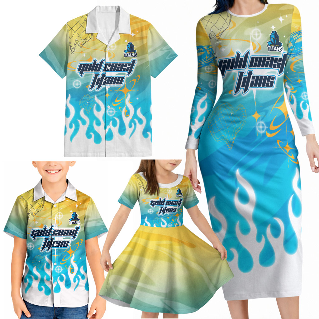 Personalized Gold Coast Titans Family Matching Long Sleeve Bodycon Dress and Hawaiian Shirt Y2K Grunge Aesthetic With Cyber Flames and Starburst Graphics