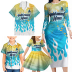 Personalized Gold Coast Titans Family Matching Long Sleeve Bodycon Dress and Hawaiian Shirt Y2K Grunge Aesthetic With Cyber Flames and Starburst Graphics