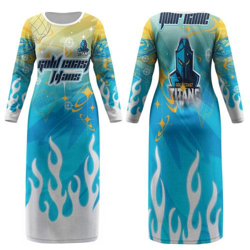 Personalized Gold Coast Titans Family Matching Long Sleeve Bodycon Dress and Hawaiian Shirt Y2K Grunge Aesthetic With Cyber Flames and Starburst Graphics