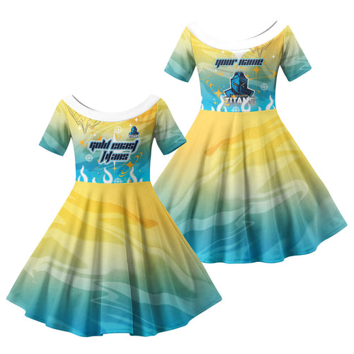 Personalized Gold Coast Titans Family Matching Long Sleeve Bodycon Dress and Hawaiian Shirt Y2K Grunge Aesthetic With Cyber Flames and Starburst Graphics