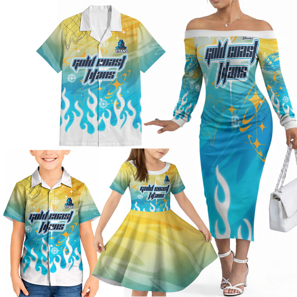 Personalized Gold Coast Titans Family Matching Off The Shoulder Long Sleeve Dress and Hawaiian Shirt Y2K Grunge Aesthetic With Cyber Flames and Starburst Graphics