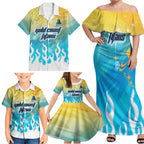 Personalized Gold Coast Titans Family Matching Off Shoulder Maxi Dress and Hawaiian Shirt Y2K Grunge Aesthetic With Cyber Flames and Starburst Graphics