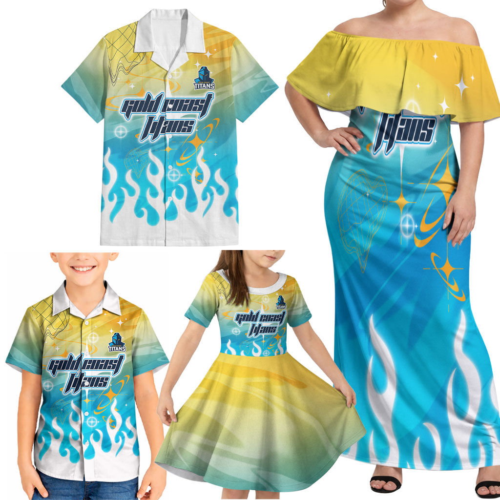 Personalized Gold Coast Titans Family Matching Off Shoulder Maxi Dress and Hawaiian Shirt Y2K Grunge Aesthetic With Cyber Flames and Starburst Graphics