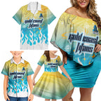 Personalized Gold Coast Titans Family Matching Off Shoulder Short Dress and Hawaiian Shirt Y2K Grunge Aesthetic With Cyber Flames and Starburst Graphics