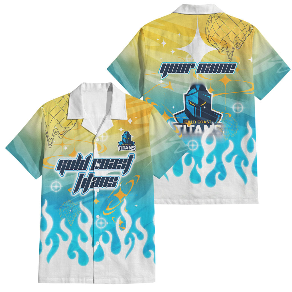 Personalized Gold Coast Titans Family Matching Off Shoulder Short Dress and Hawaiian Shirt Y2K Grunge Aesthetic With Cyber Flames and Starburst Graphics