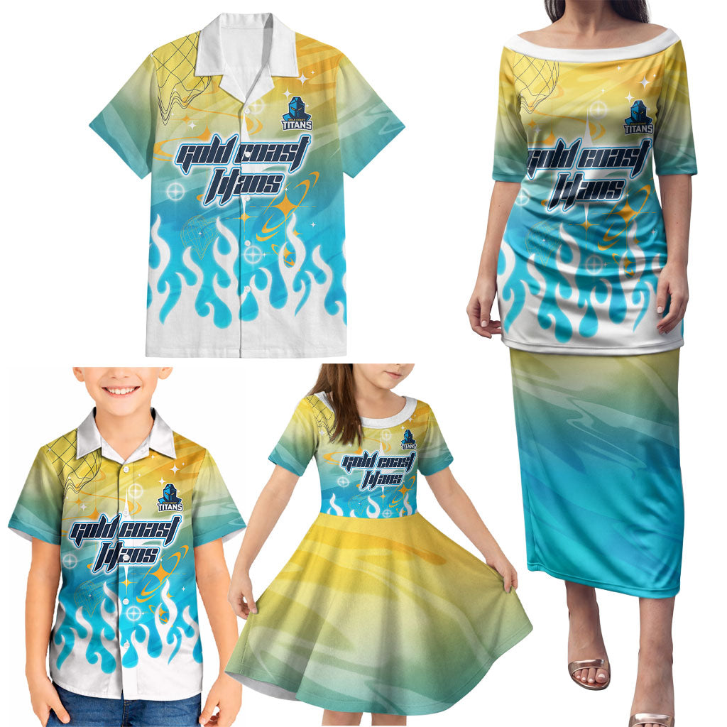 Personalized Gold Coast Titans Family Matching Puletasi and Hawaiian Shirt Y2K Grunge Aesthetic With Cyber Flames and Starburst Graphics