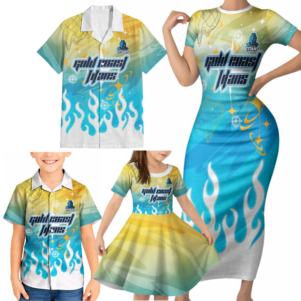 Personalized Gold Coast Titans Family Matching Short Sleeve Bodycon Dress and Hawaiian Shirt Y2K Grunge Aesthetic With Cyber Flames and Starburst Graphics